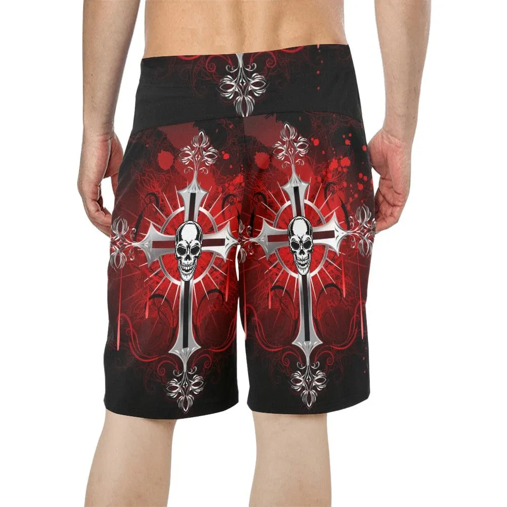 Spice Up Your Activewear With These Stylish, Men's Gothic Cross Skull Head Relaxed-Fit Shorts