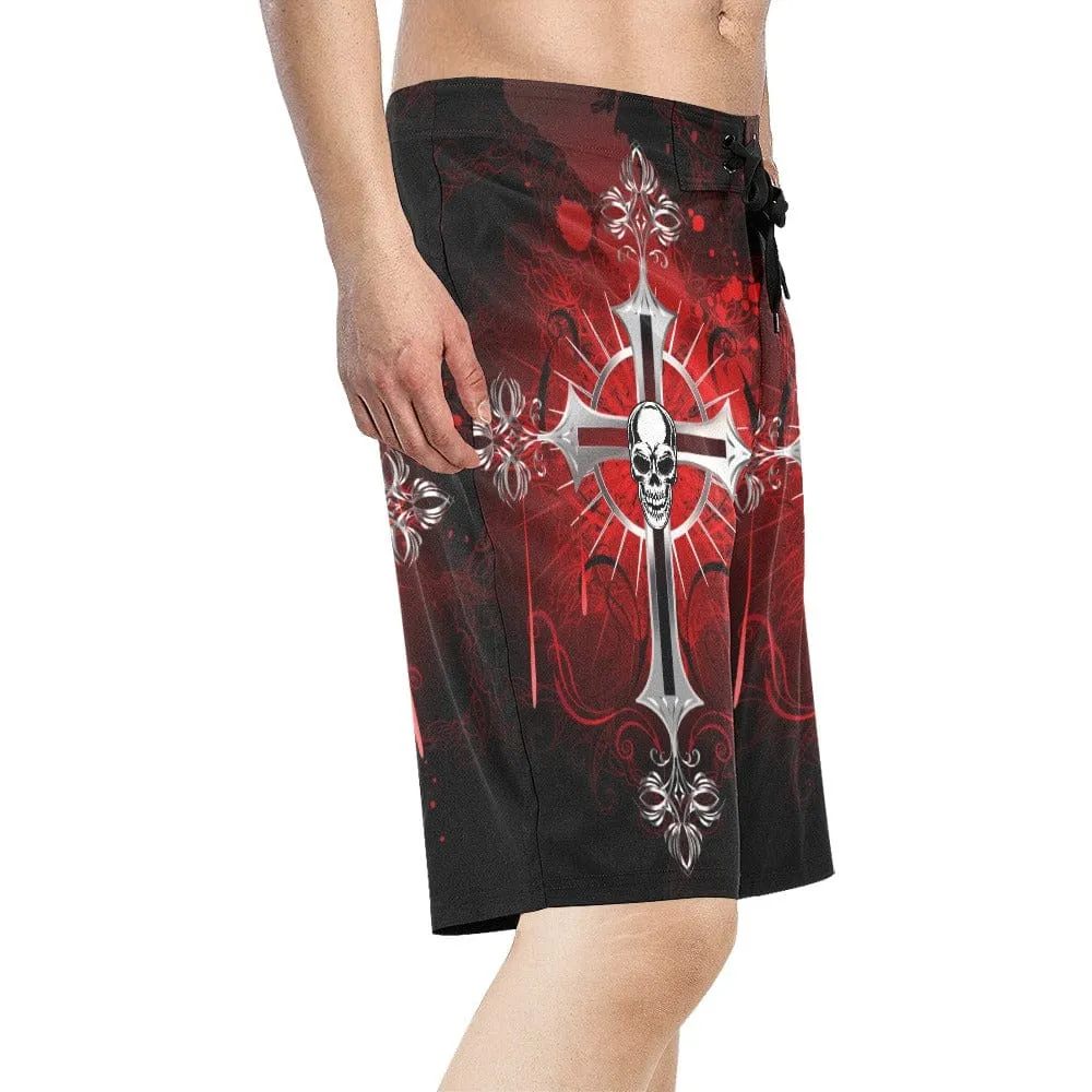 Spice Up Your Activewear With These Stylish, Men's Gothic Cross Skull Head Relaxed-Fit Shorts