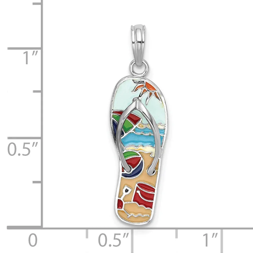 Sterling Silver Polished 3D Enameled Beach Scene Flip-flop Pendant