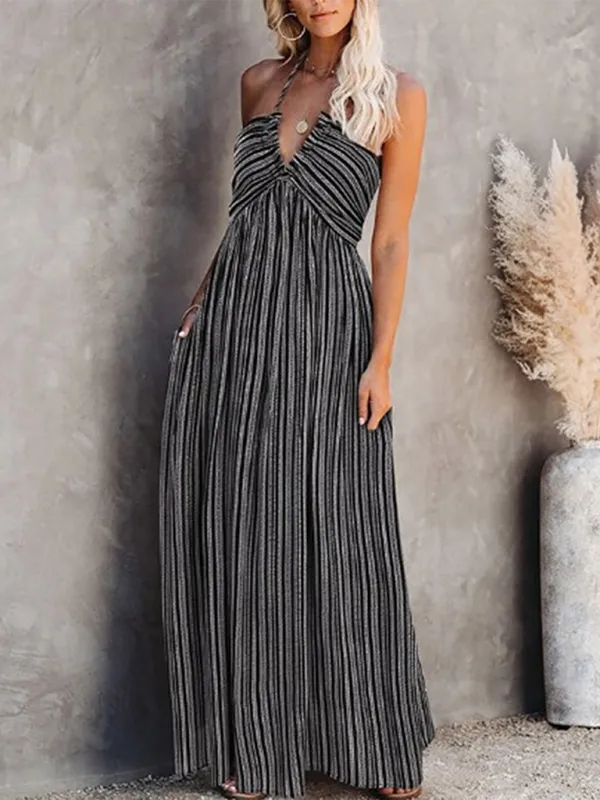 Striped Maxi Dress with Adjustable Straps and High Slit