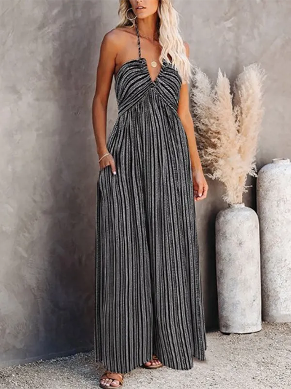 Striped Maxi Dress with Adjustable Straps and High Slit