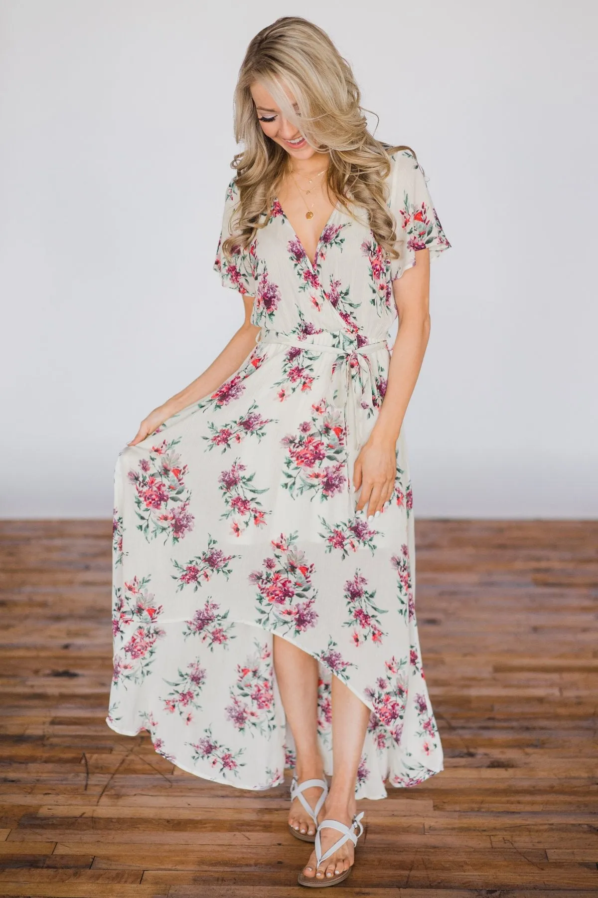 Summer Blues Floral Hi-Lo Dress - Cream