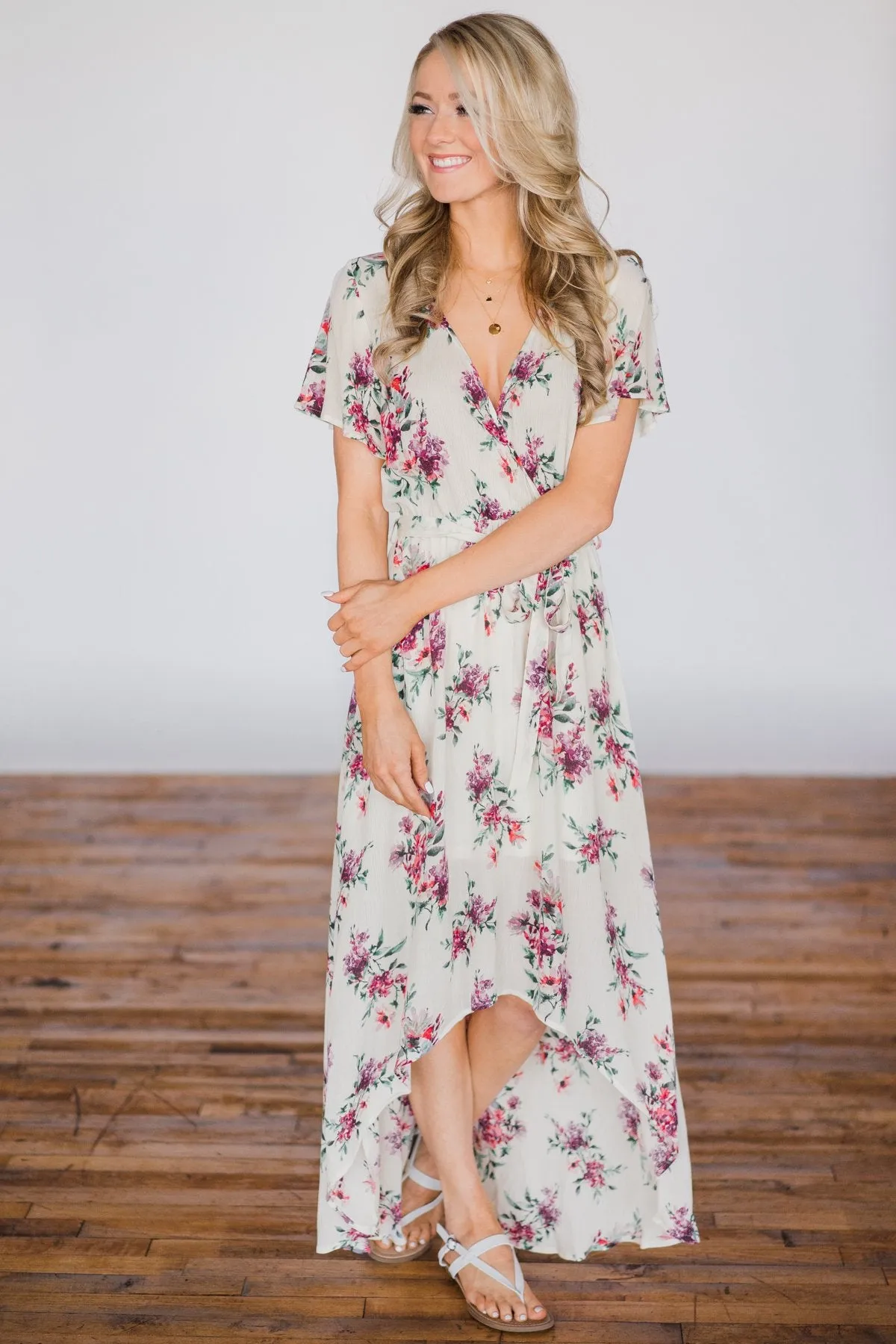 Summer Blues Floral Hi-Lo Dress - Cream