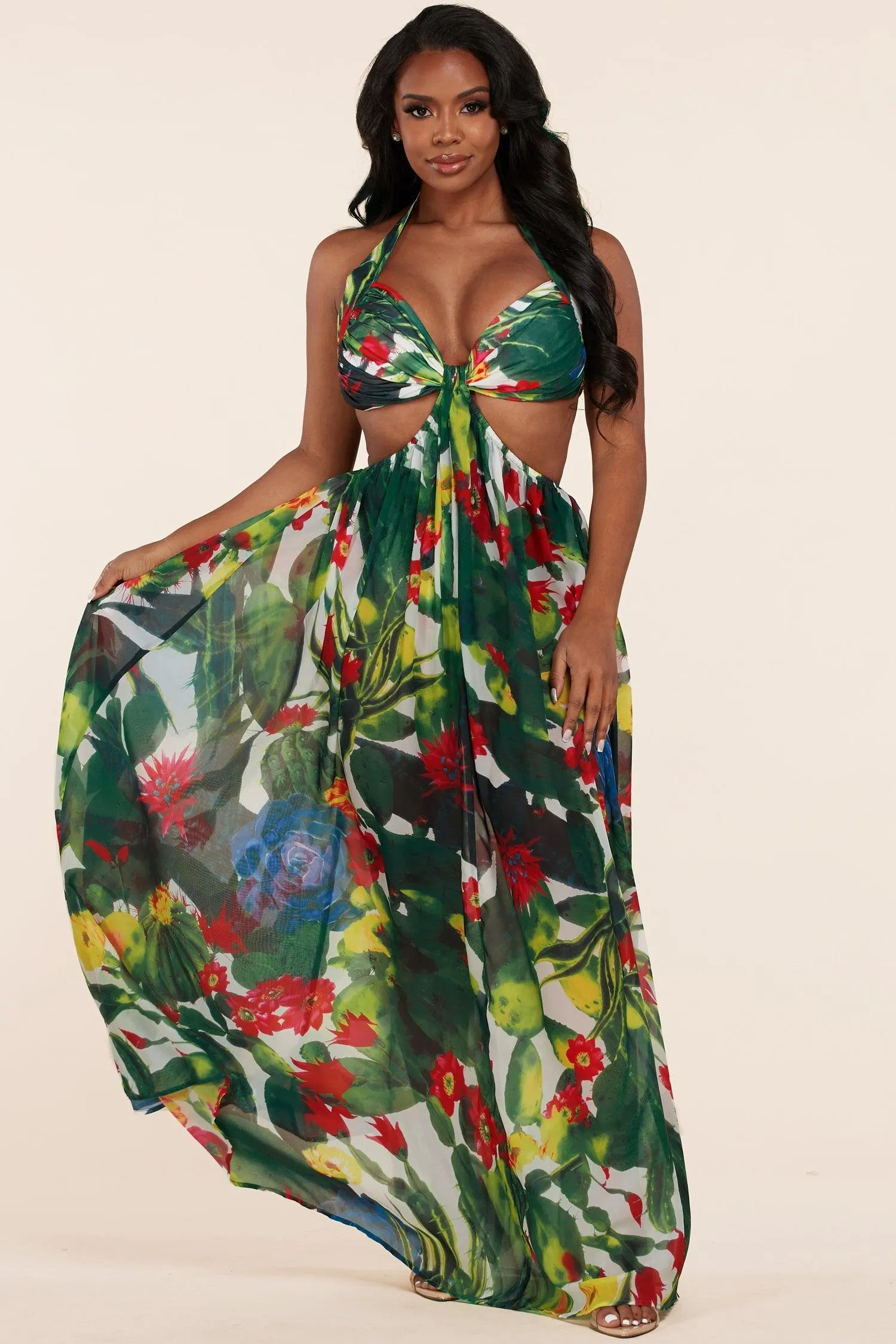 SUMMER DESERT FLORAL CUTOUT MAXI DRESS