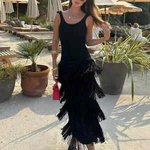 Summer Knit Slim Maxi Dress High Waist Sleeveless Knitwear Fashion Dress Elegant Patchwork Cascading Tassel Dress