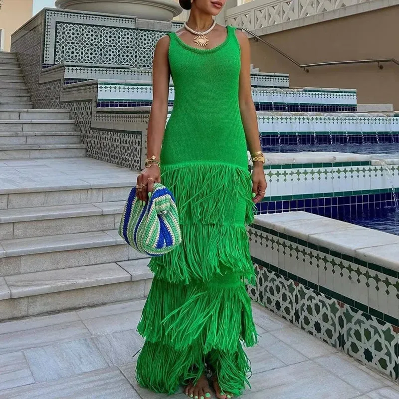 Summer Knit Slim Maxi Dress High Waist Sleeveless Knitwear Fashion Dress Elegant Patchwork Cascading Tassel Dress