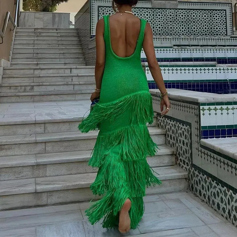 Summer Knit Slim Maxi Dress High Waist Sleeveless Knitwear Fashion Dress Elegant Patchwork Cascading Tassel Dress