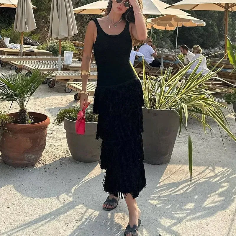 Summer Knit Slim Maxi Dress High Waist Sleeveless Knitwear Fashion Dress Elegant Patchwork Cascading Tassel Dress