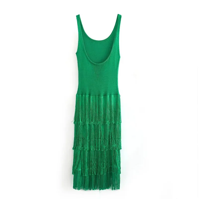 Summer Knit Slim Maxi Dress High Waist Sleeveless Knitwear Fashion Dress Elegant Patchwork Cascading Tassel Dress