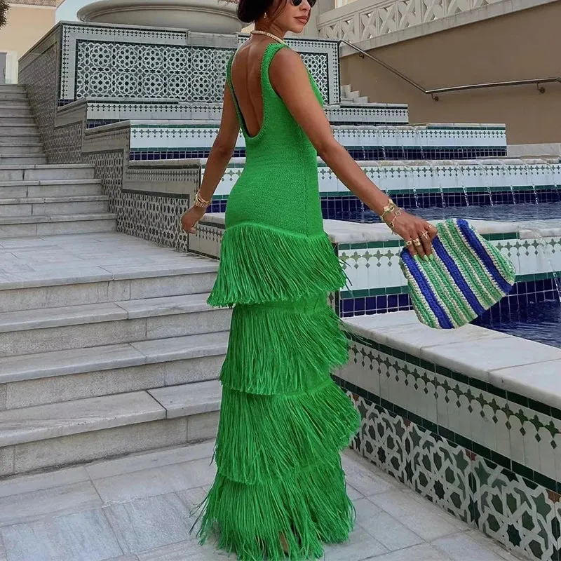 Summer Knit Slim Maxi Dress High Waist Sleeveless Knitwear Fashion Dress Elegant Patchwork Cascading Tassel Dress
