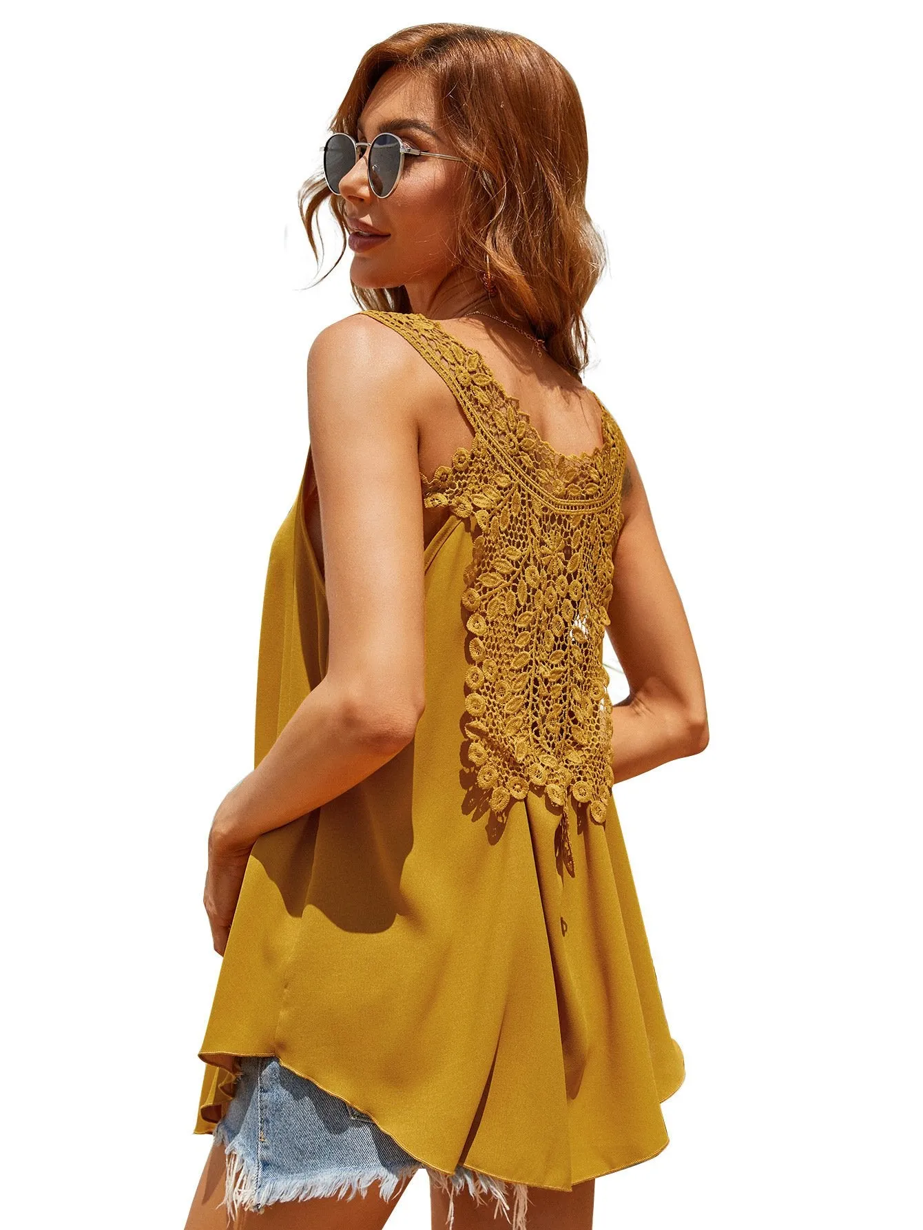 Summer Lace Chiffon U Neck Crop Tops
