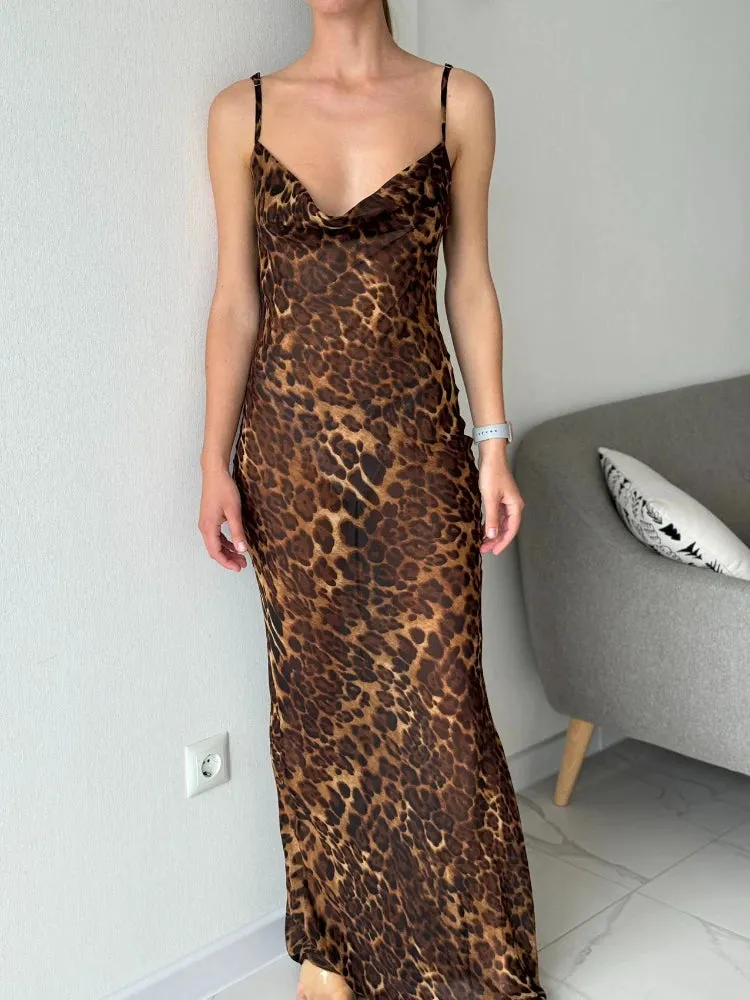 Summer Leopard Print Sexy See-Through Dress Maxi Backless Sheer Beach Dress Lace Up Elegant Floor Length Holiday Dress