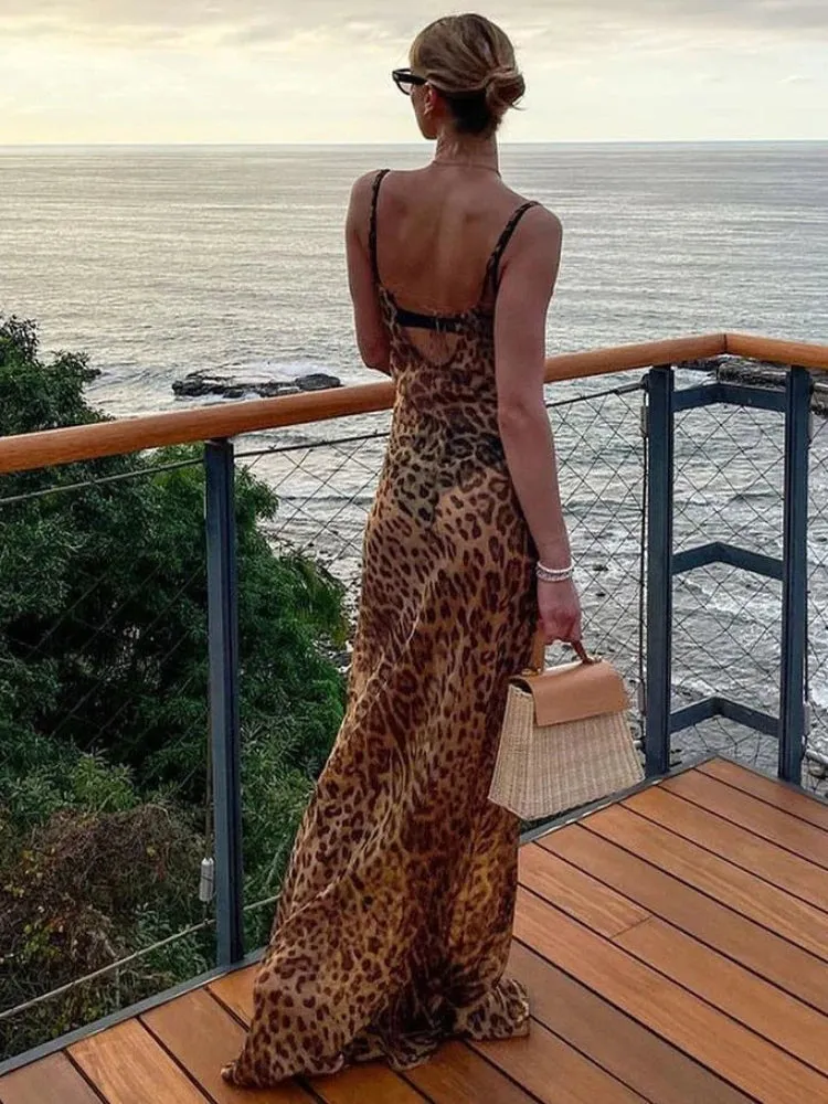Summer Leopard Print Sexy See-Through Dress Maxi Backless Sheer Beach Dress Lace Up Elegant Floor Length Holiday Dress