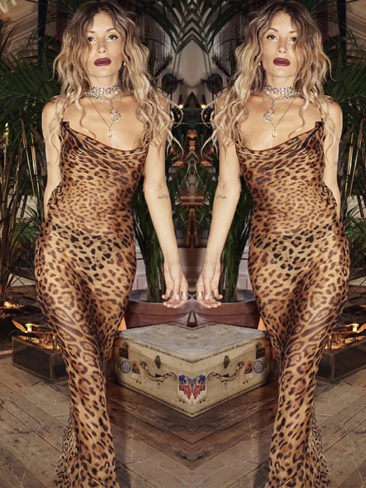 Summer Leopard Print Sexy See-Through Dress Maxi Backless Sheer Beach Dress Lace Up Elegant Floor Length Holiday Dress