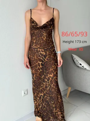 Summer Leopard Print Sexy See-Through Dress Maxi Backless Sheer Beach Dress Lace Up Elegant Floor Length Holiday Dress