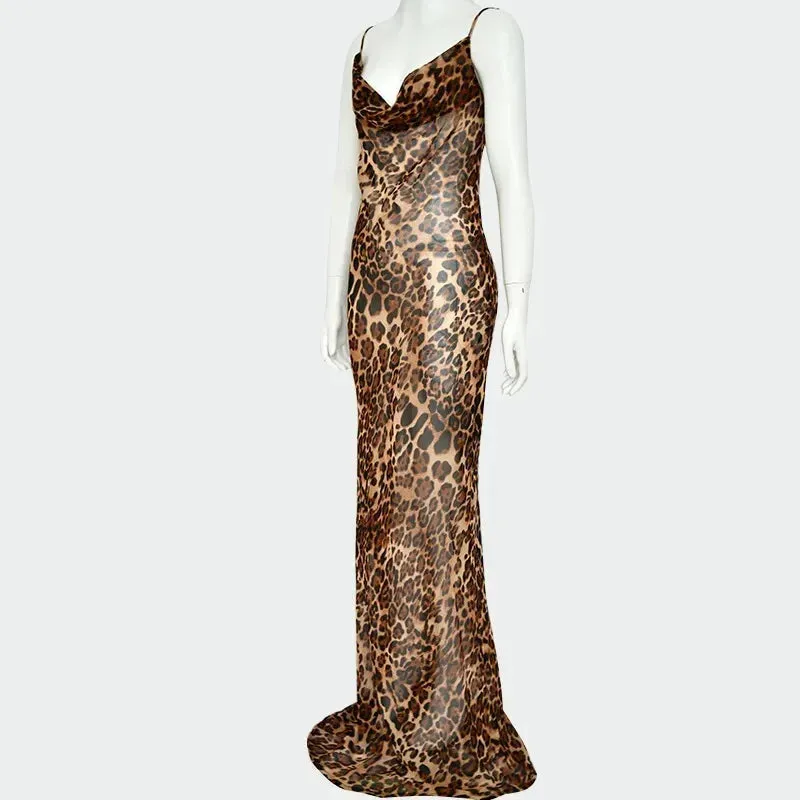 Summer Leopard Print Sexy See-Through Dress Maxi Backless Sheer Beach Dress Lace Up Elegant Floor Length Holiday Dress