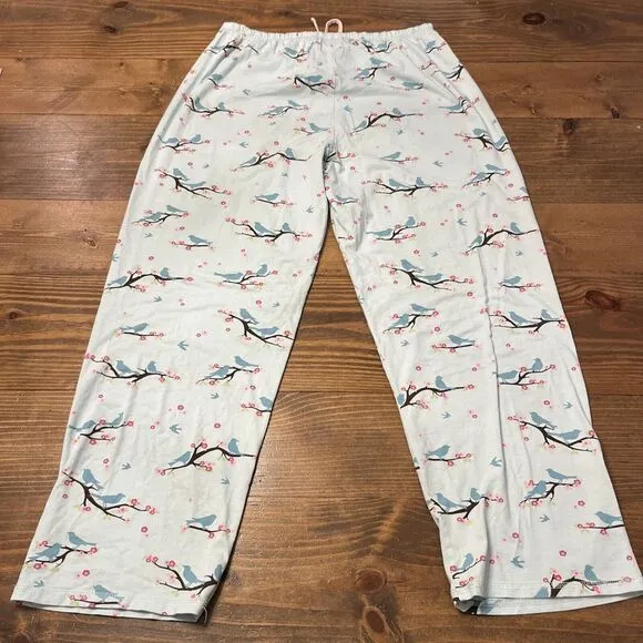 The Cat's Pajamas Set Long Sleeve Blue Bird Cherry Blossom XL Cotton Stretch EUC