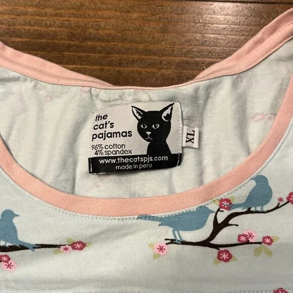 The Cat's Pajamas Set Long Sleeve Blue Bird Cherry Blossom XL Cotton Stretch EUC