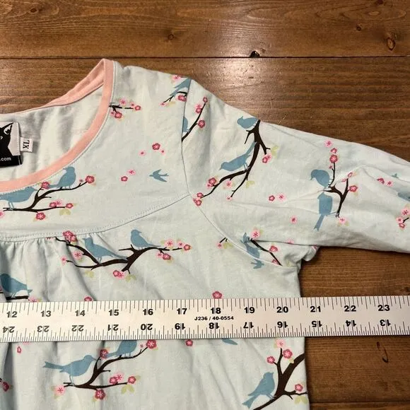 The Cat's Pajamas Set Long Sleeve Blue Bird Cherry Blossom XL Cotton Stretch EUC