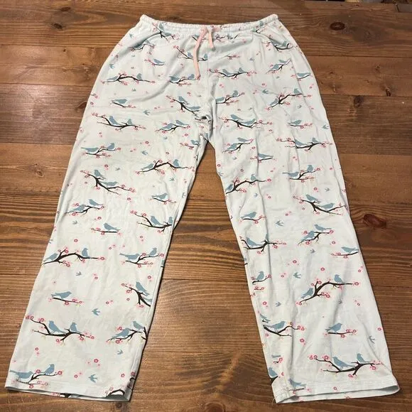 The Cat's Pajamas Set Long Sleeve Blue Bird Cherry Blossom XL Cotton Stretch EUC