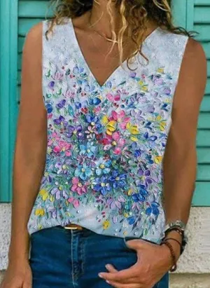 TK10123 Floral Casual V Neckline Sleeveless Blouses