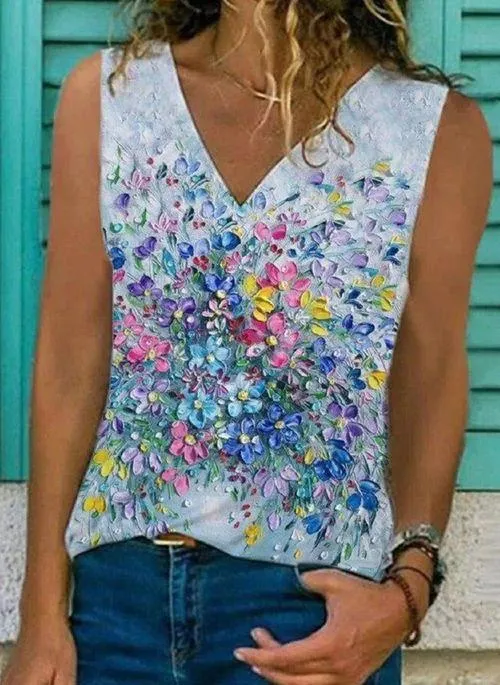 TK10123 Floral Casual V Neckline Sleeveless Blouses