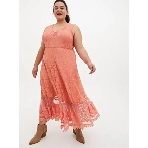 TORRID Coral Lace Button Front Maxi Skater Dress Size 2X