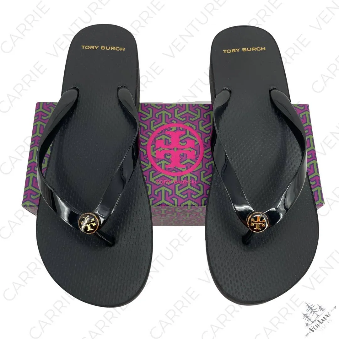 Tory Burch Cut Out Wedge Flip Flop Black Platform Thong Sandals Summer Beach Size 11