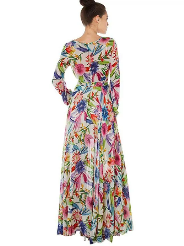 Tropical Leaf Print Maxi Dress with Lantern Sleeves