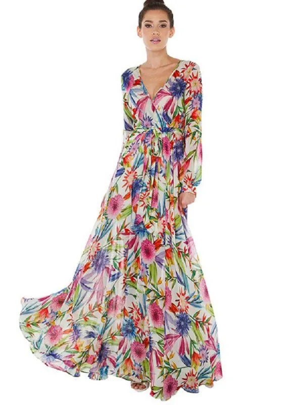 Tropical Leaf Print Maxi Dress with Lantern Sleeves