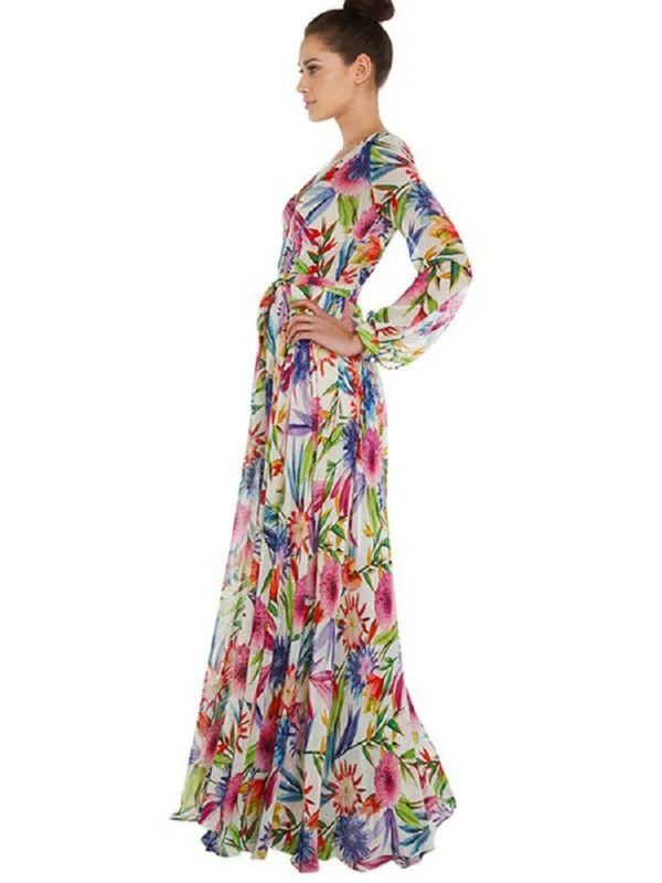Tropical Leaf Print Maxi Dress with Lantern Sleeves