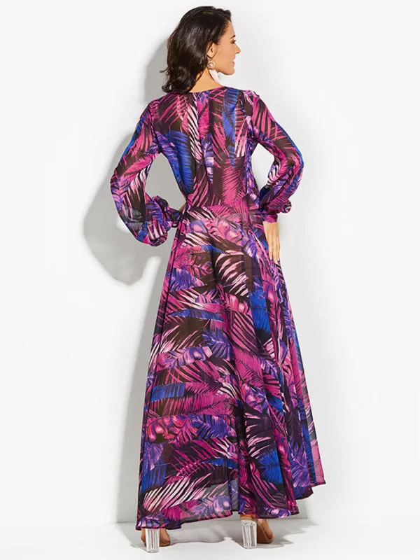 Tropical Leaf Print Maxi Dress with Lantern Sleeves
