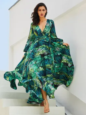 Tropical Leaf Print Maxi Dress with Lantern Sleeves