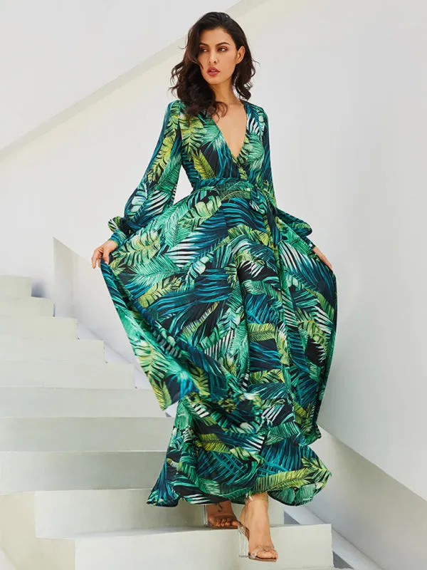 Tropical Leaf Print Maxi Dress with Lantern Sleeves