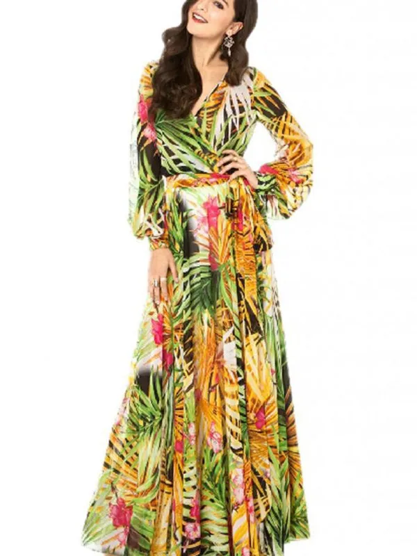 Tropical Leaf Print Maxi Dress with Lantern Sleeves