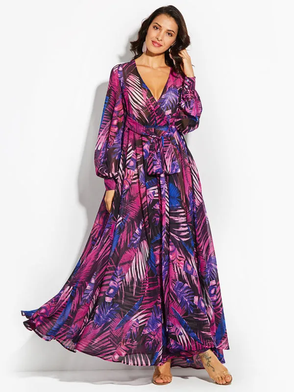 Tropical Leaf Print Maxi Dress with Lantern Sleeves
