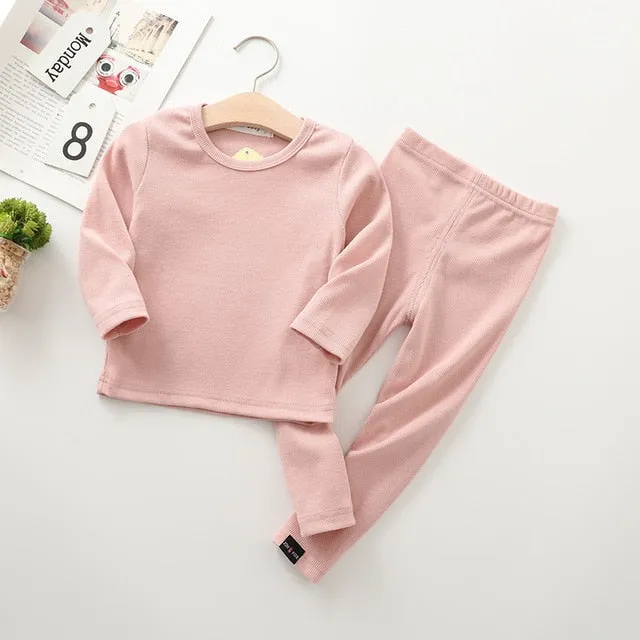 Unisex Kid's Ribbed Fitted Pajamas Top and Pant Set