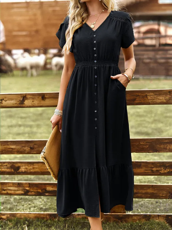 V-Neck Maxi Dress with Tiered Design and Solid Pattern