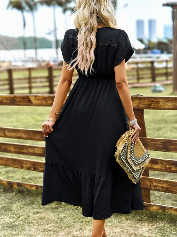 V-Neck Maxi Dress with Tiered Design and Solid Pattern