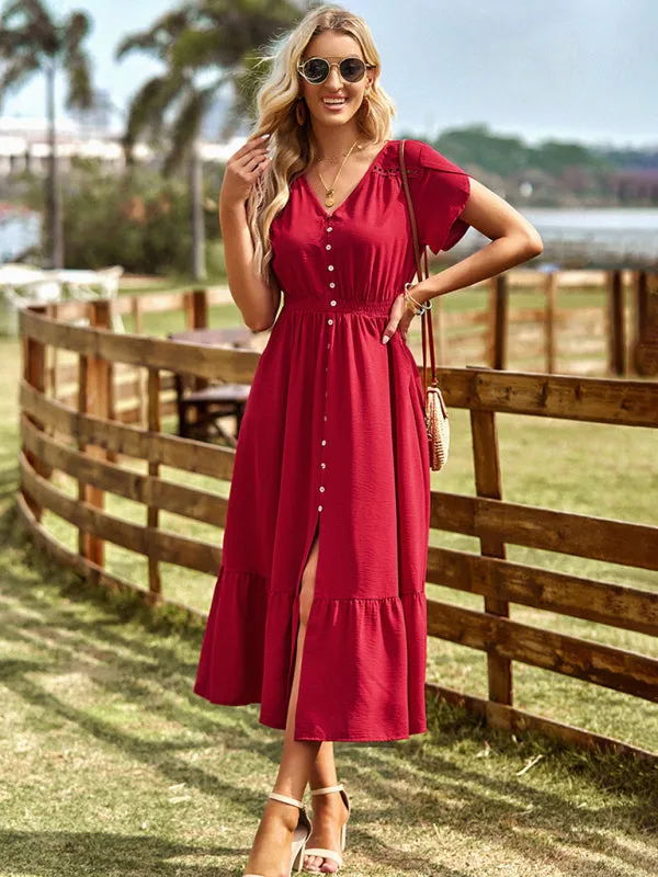 V-Neck Maxi Dress with Tiered Design and Solid Pattern