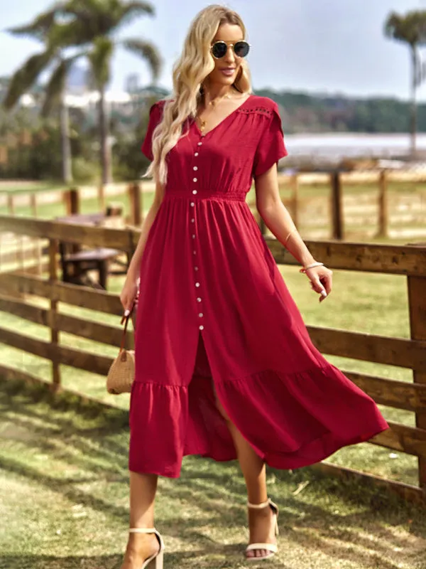 V-Neck Maxi Dress with Tiered Design and Solid Pattern