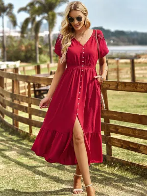 V-Neck Maxi Dress with Tiered Design and Solid Pattern