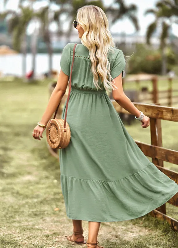 V-Neck Maxi Dress with Tiered Design and Solid Pattern
