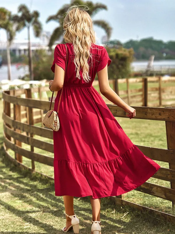 V-Neck Maxi Dress with Tiered Design and Solid Pattern