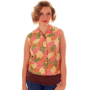 Vintage  Blouse Polished Cotton  Print Sleeveless 1950s S-M Personal Fleur De Lis