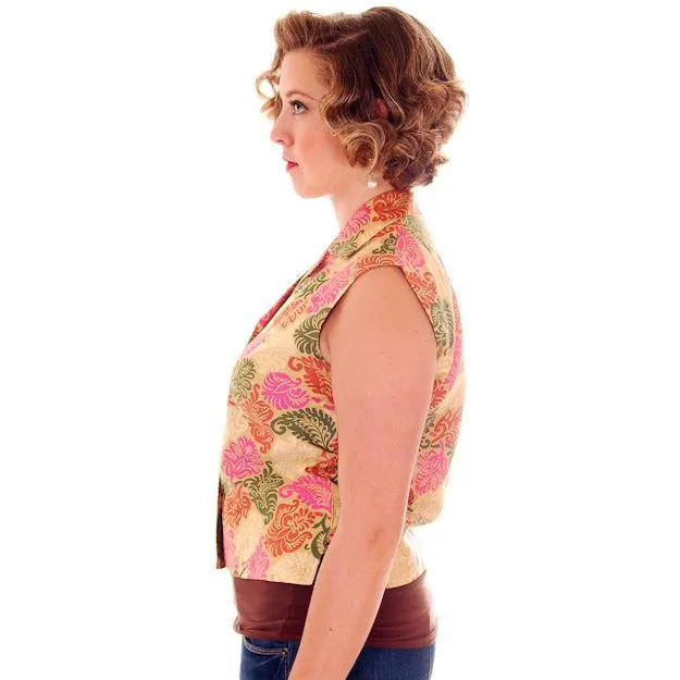 Vintage  Blouse Polished Cotton  Print Sleeveless 1950s S-M Personal Fleur De Lis