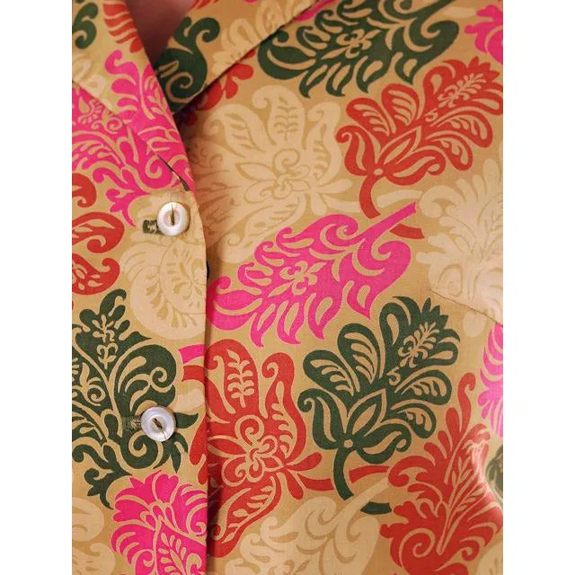 Vintage  Blouse Polished Cotton  Print Sleeveless 1950s S-M Personal Fleur De Lis
