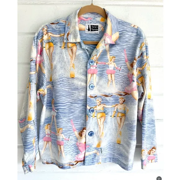 Vintage THE CAT'S PAJAMAS Set with Retro Water Skiers Print - So Fun! - S
