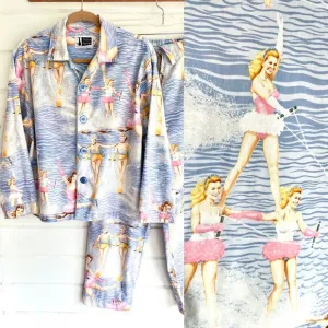 Vintage THE CAT'S PAJAMAS Set with Retro Water Skiers Print - So Fun! - S