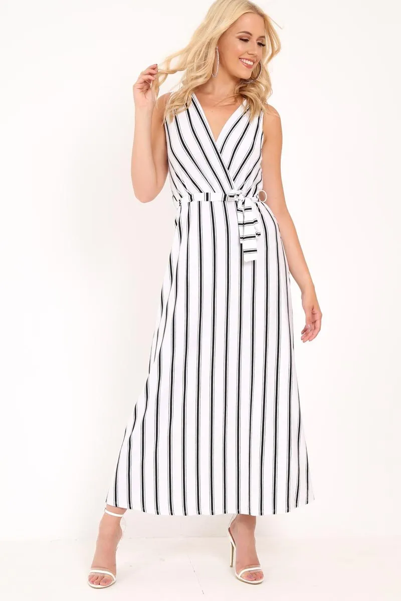 White Black Stripe Plunge Wrap Maxi - Skyelin